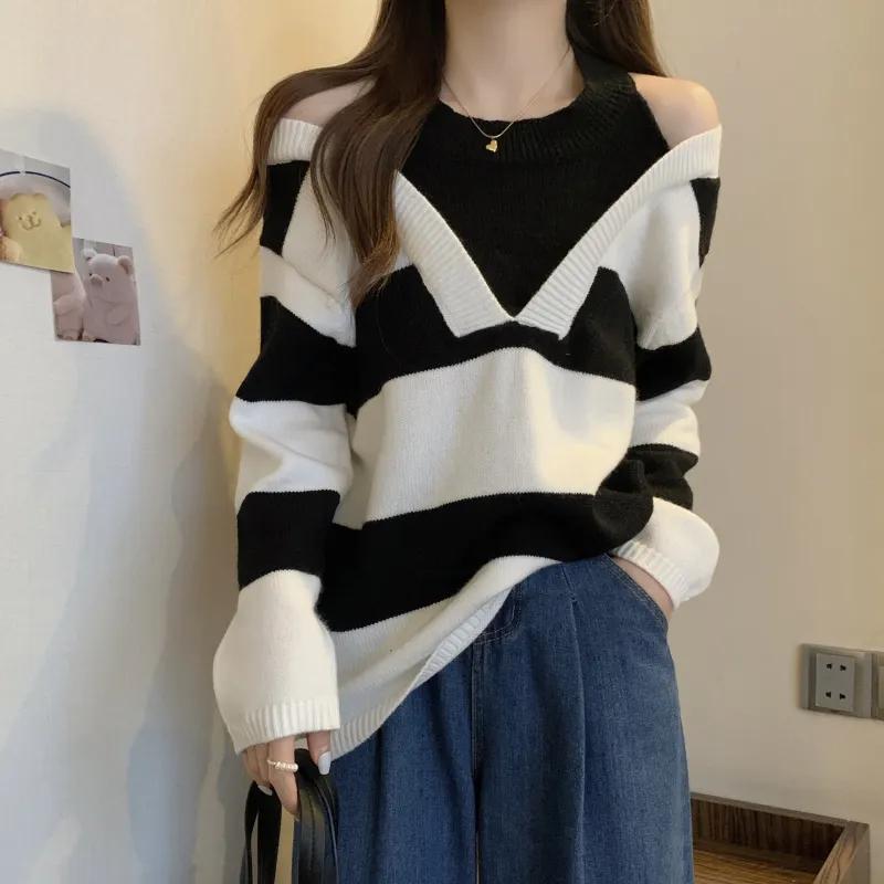 디자인 오프 숄더 플러스 사이즈 스웨터 니트 여성용, 2023 봄 신제품 유휴 스타일 느슨한 배꼽 커버 상의 타이드